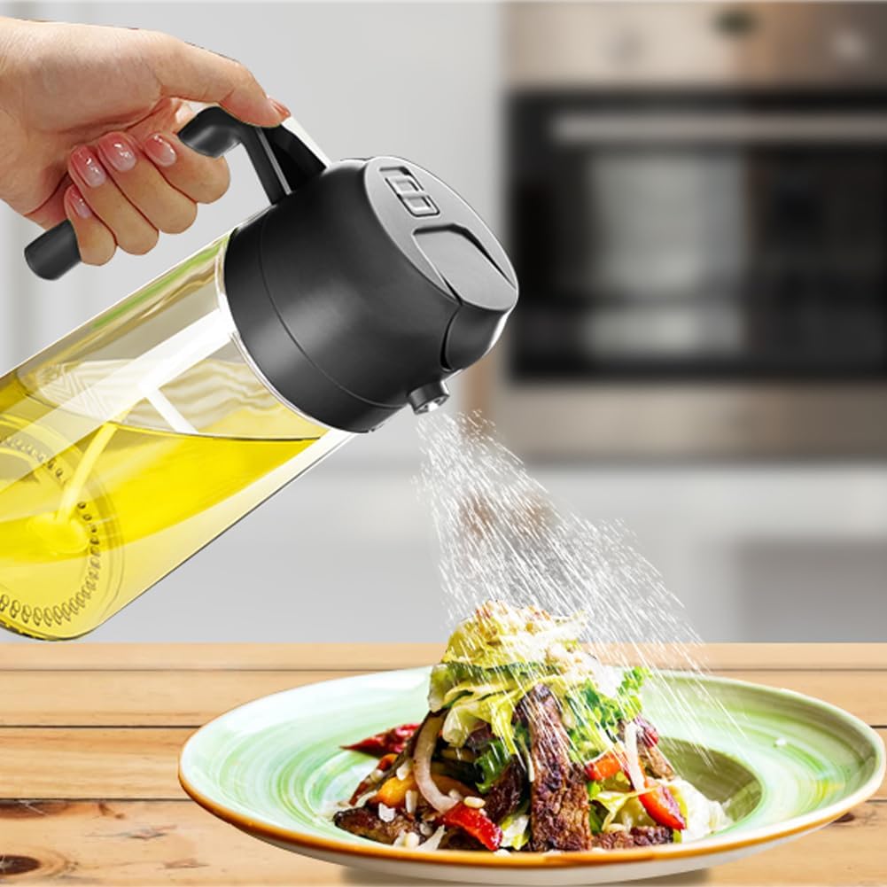 Premium 2-in-1 Olive Oil Dispenser Bottle - 17oz Glass Oil Spray Bottle with Pourer for Cooking, Salad & Barbecue (Black)