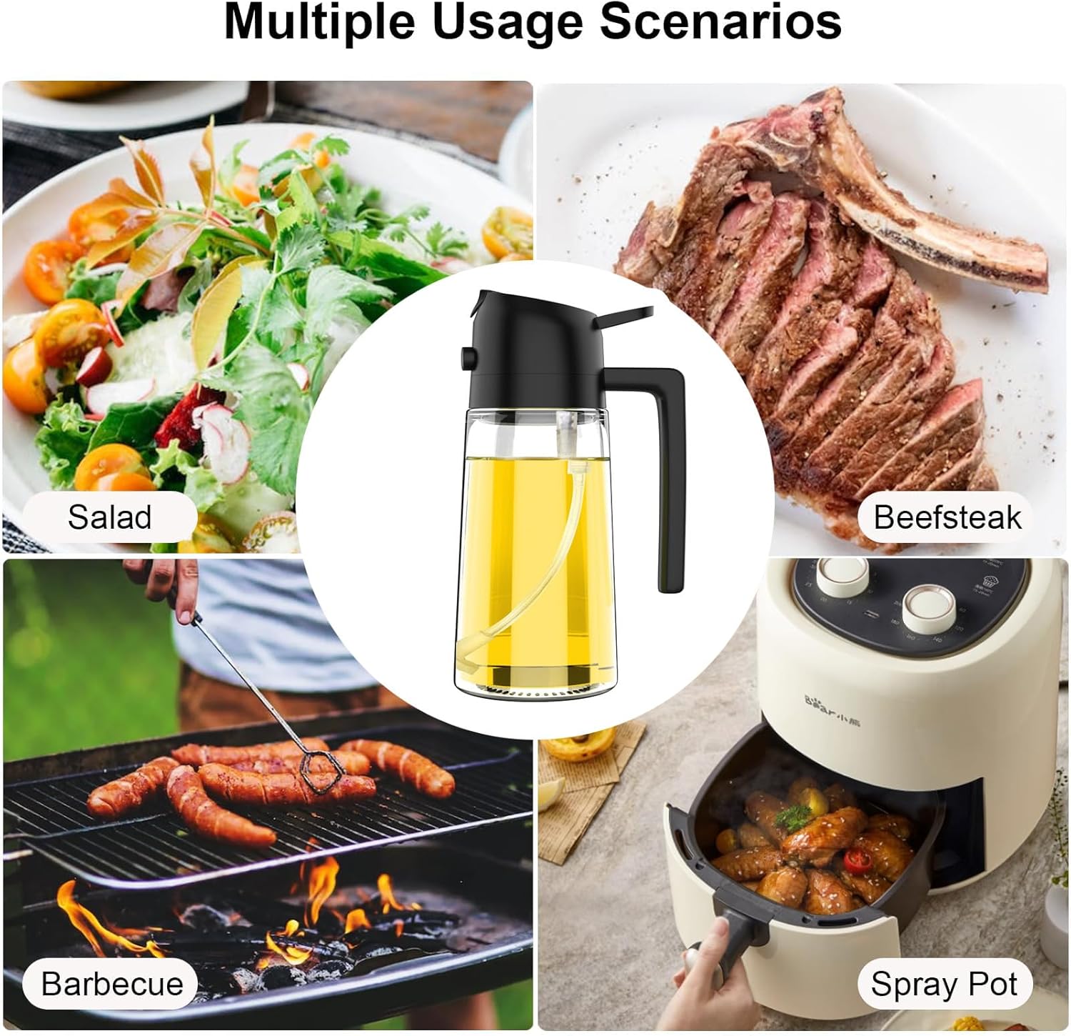 Premium 2-in-1 Olive Oil Dispenser Bottle - 17oz Glass Oil Spray Bottle with Pourer for Cooking, Salad & Barbecue (Black)