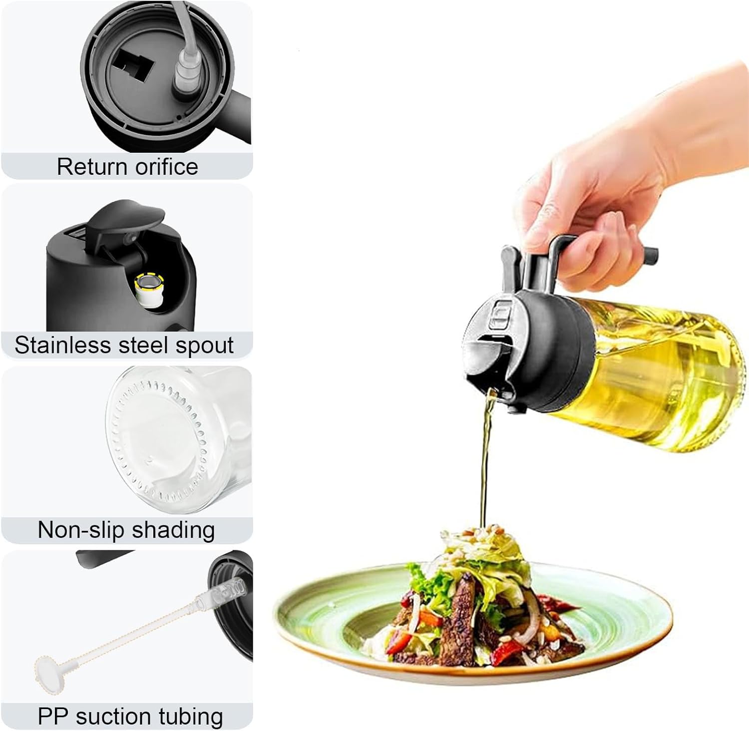 Premium 2-in-1 Olive Oil Dispenser Bottle - 17oz Glass Oil Spray Bottle with Pourer for Cooking, Salad & Barbecue (Black)