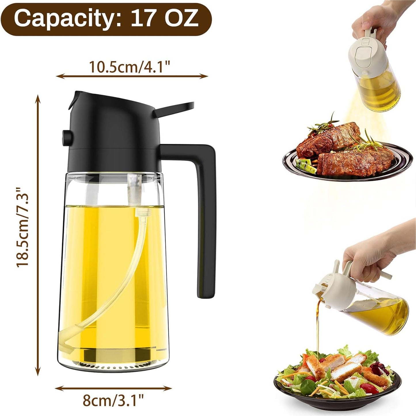 Premium 2-in-1 Olive Oil Dispenser Bottle - 17oz Glass Oil Spray Bottle with Pourer for Cooking, Salad & Barbecue (Black)