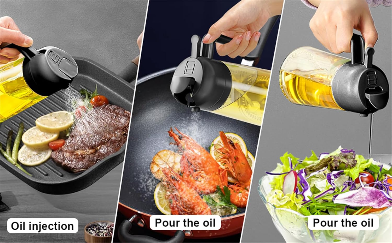 Premium 2-in-1 Olive Oil Dispenser Bottle - 17oz Glass Oil Spray Bottle with Pourer for Cooking, Salad & Barbecue (Black)